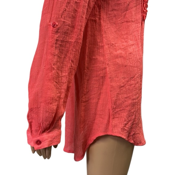 Spense Rayon Long Roll Tab Sleeve Button Up Ruffled Textured Tunic Blouse Medium - Picture 7 of 14